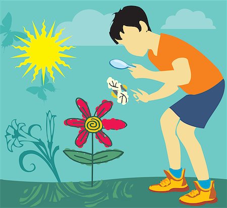 flower drawing - Boy looking at butterfly through magnifying glass Stock Photo - Premium Royalty-Free, Code: 645-02153454