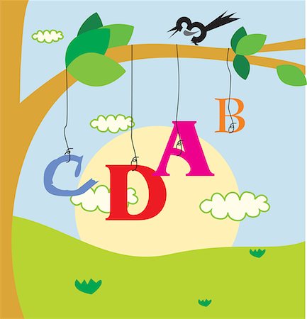 education concept - Bird perching on branch and alphabet hanging below Foto de stock - Sin royalties Premium, Código: 645-02153469