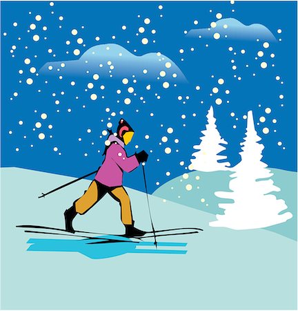 snow winter cartoon clipart - Side view of a female skiing on snow covered mountains Stock Photo - Premium Royalty-Free, Code: 645-02153676