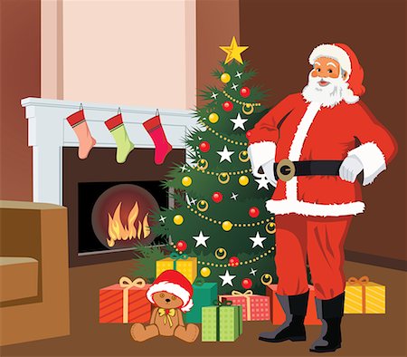 simsearch:645-02153461,k - Santa claus standing with christmas tree and gifts Foto de stock - Royalty Free Premium, Número: 645-02153681