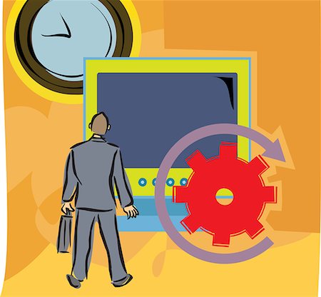 electric abstract - Rear view of a man by a big computer screen and clock Stock Photo - Premium Royalty-Free, Code: 645-02153694