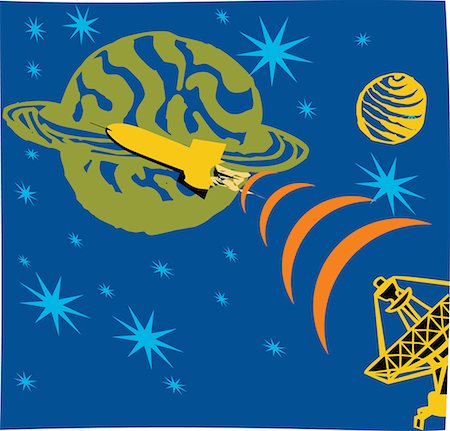 Satellite émettant des signaux dans l'espace avec la fusée et la planète Photographie de stock - Premium Libres de Droits, Code: 645-02153725