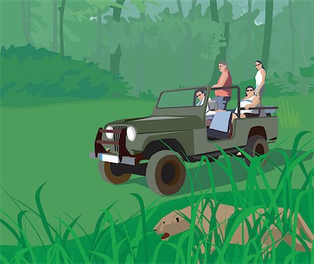 forest cartoon illustration - Tourists in safari vehicle looking at tiger Stock Photo - Premium Royalty-Free, Code: 645-02153753