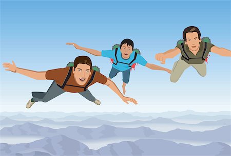 parachute female - Skydivers flying in formation over hills Stock Photo - Premium Royalty-Free, Code: 645-02153763