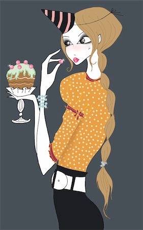 fashion illustration design - Young woman in a party hat eating cake Stock Photo - Premium Royalty-Free, Code: 645-02925847