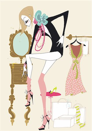 shoes illustrations - Young woman getting dressed Stock Photo - Premium Royalty-Free, Code: 645-02925869