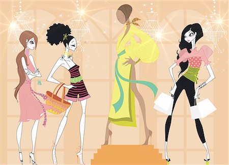 shopper illustration - Young women with shopping bags looking at model Stock Photo - Premium Royalty-Free, Code: 645-02925907
