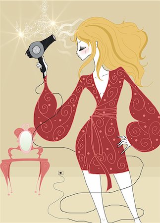 dress blowing - Young woman drying hair Foto de stock - Sin royalties Premium, Código: 645-02925909