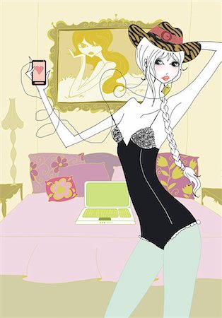 fashion illustration design - Young woman in bedroom with mp3 player and laptop Stock Photo - Premium Royalty-Free, Code: 645-02925922