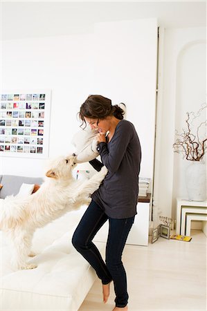 Femme jouant avec le chien dans le salon Photographie de stock - Premium Libres de Droits, Code: 649-05800996