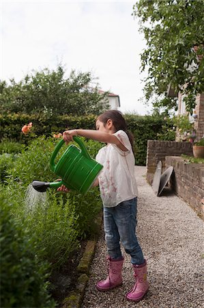 simsearch:649-05801200,k - Girl watering plants in backyard Foto de stock - Royalty Free Premium, Número: 649-05801131