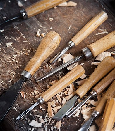 Close up of wood carving tools Stock Photo - Premium Royalty-Free, Code: 649-05802334