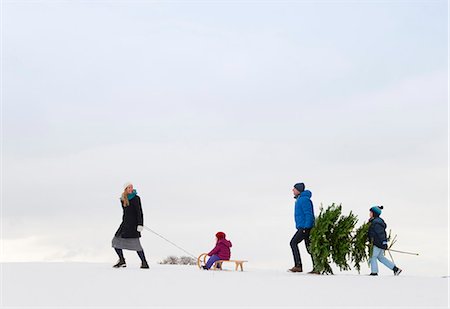 family carrying christmas tree - Family walking together in snow Stock Photo - Premium Royalty-Free, Code: 649-06001296