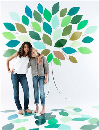 people nature concept - Girls standing under tree on wall Stock Photo - Premium Royalty-Free, Code: 649-06352959