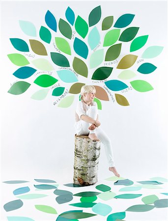 family white background full body - Girl sitting under tree on wall Stock Photo - Premium Royalty-Free, Code: 649-06352960