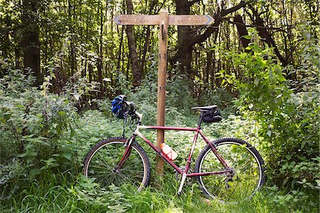 Bicycle leaning against forest road signs Foto de stock - Sin royalties Premium, Código: 649-06400870