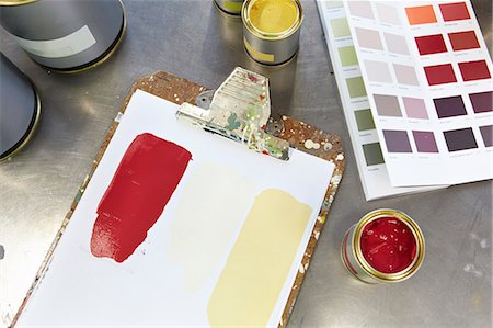 paint samples - Paint cans, swatches and clipboard Stock Photo - Premium Royalty-Free, Code: 649-06433378