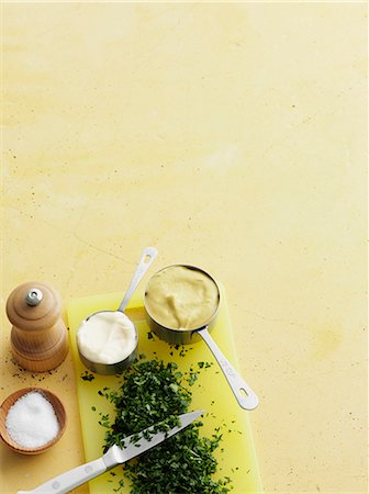 simsearch:649-06488847,k - Spices, mustard, mayonnaise and herbs Stock Photo - Premium Royalty-Free, Code: 649-06488836