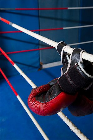 Boxing gloves hanging on ropes of ring Stockbilder - Premium RF Lizenzfrei, Bildnummer: 649-06489187