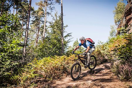 Man mountain biking through forest Foto de stock - Sin royalties Premium, Código: 649-06845143