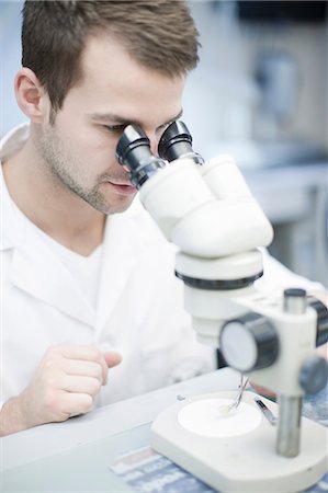 Dental technician looking through microscope at false tooth Stock Photo - Premium Royalty-Free, Code: 649-07063859