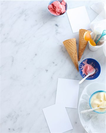 strawberries white background nobody - Still life with bowls of ice cream and cones Stock Photo - Premium Royalty-Free, Code: 649-07118270