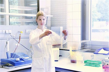 people working in lab - Scientist holding up clear plastic bag of sample Stock Photo - Premium Royalty-Free, Code: 649-07118473