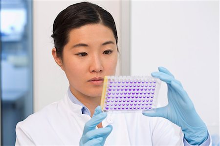 Female scientist examining samples in microtiter plate with crystal violet solution Stock Photo - Premium Royalty-Free, Code: 649-07118793