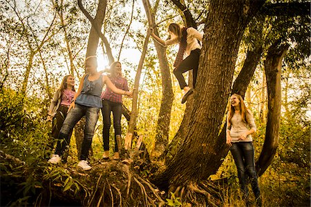 Five young women exploring woods Stock Photo - Premium Royalty-Free, Code: 649-07239410