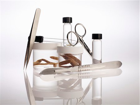 scalpel - Still life with forensic equipment and preserved earth worms in container Photographie de stock - Premium Libres de Droits, Code: 649-07239863