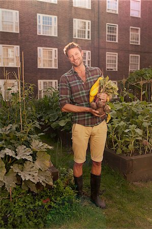 Mid adult man with harvested beetroot on council estate allotment Stock Photo - Premium Royalty-Free, Code: 649-07280495