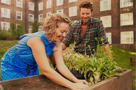 fulfillment - Couple planting raised bed on council estate allotment Stock Photo - Premium Royalty-Free, Code: 649-07280537