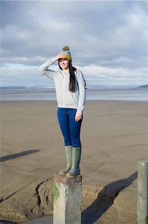 simsearch:649-07281037,k - Young woman standing on groynes, Brean Sands, Somerset, England Stock Photo - Premium Royalty-Free, Code: 649-07281028