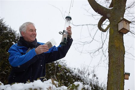Senior man filling bird feeders in garden in winter Photographie de stock - Premium Libres de Droits, Code: 649-07437116