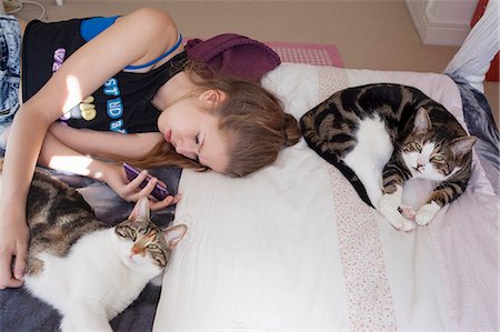 Teenage girl lying with cats, using smartphone Foto de stock - Sin royalties Premium, Código: 649-07585492