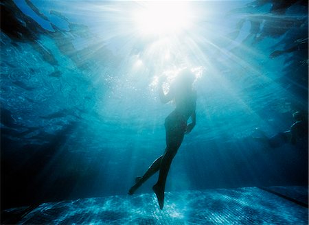submerging - Silhouette of girl swimming underwater Stock Photo - Premium Royalty-Free, Code: 649-07709931