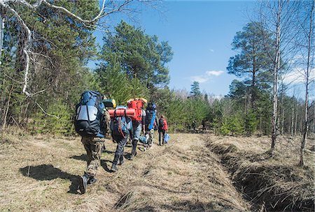 simsearch:649-07239409,k - Rear view of young hikers with backpacks on forest track Fotografie stock - Premium Royalty-Free, Codice: 649-07736643