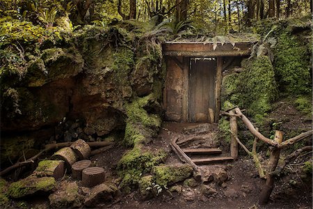 Entrance to mysterious hidden wood building in forest Foto de stock - Sin royalties Premium, Código: 649-07760990