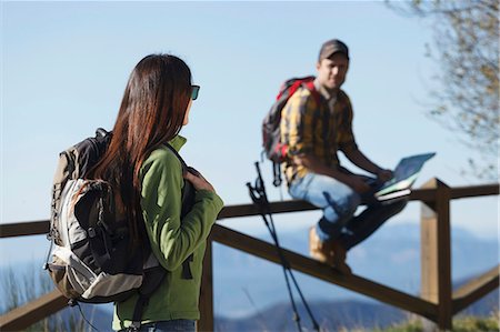 simsearch:649-08060458,k - Hiker reading map on wooden handrail, Montseny, Barcelona, Catalonia, Spain Stock Photo - Premium Royalty-Free, Code: 649-08060452