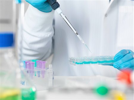 Scientist pipetting sample into multi well tray for analytical testing in laboratory Stock Photo - Premium Royalty-Free, Code: 649-08086435