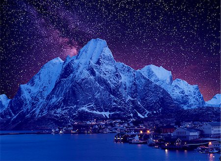 reine norway snow - Reine fishing village at night with starry sky, Norway Stock Photo - Premium Royalty-Free, Code: 649-08125567