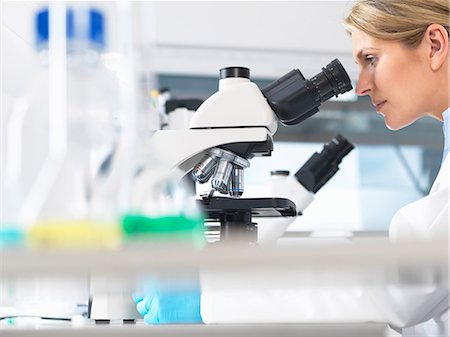 Scientist viewing sample on a glass slide through microscope for medical testing Stock Photo - Premium Royalty-Free, Code: 649-08125920