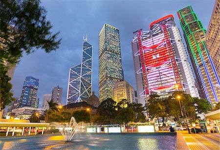 simsearch:649-08145343,k - Statue square buildings illuminated at night, Hong Kong, China Stock Photo - Premium Royalty-Free, Code: 649-08145239