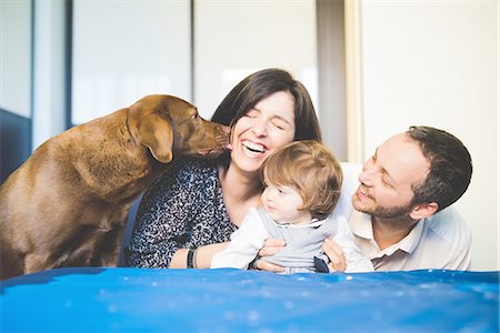 family in living room - Mid adult couple laughing with toddler daughter and pet dog Stock Photo - Premium Royalty-Free, Code: 649-08238410