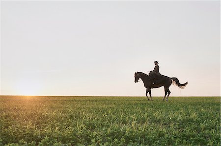 dressage - Silhouetted dressage horse and rider training in field at sunset Photographie de stock - Premium Libres de Droits, Code: 649-08423423