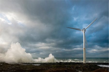 storm not jet not plane not damage not house not people - Stormy sky and ocean waves splashing harbour wall and wind turbine, Boulogne-sur-Mer, Pas de Calais, France Stock Photo - Premium Royalty-Free, Code: 649-08479846