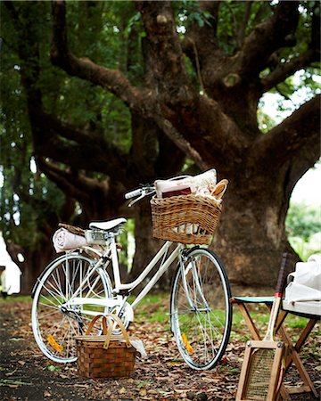 picnic food nobody - Bicycle and picnic basket by trees Stock Photo - Premium Royalty-Free, Code: 649-08548217