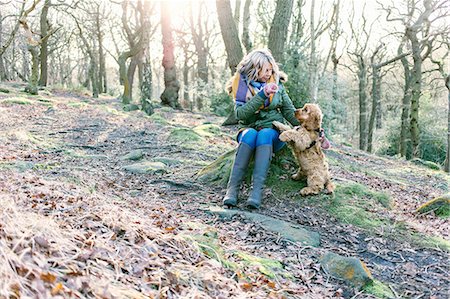 dresser - Woman giving treat to puppy in forest Photographie de stock - Premium Libres de Droits, Code: 649-08548639