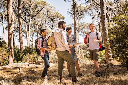 simsearch:649-08949532,k - Four men planning with hiking map in forest, Deer Park, Cape Town, South Africa Stock Photo - Premium Royalty-Free, Code: 649-08576596