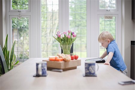 flower table kitchen - Young boy standing at table looking at digital tablet Stock Photo - Premium Royalty-Free, Code: 649-08576670